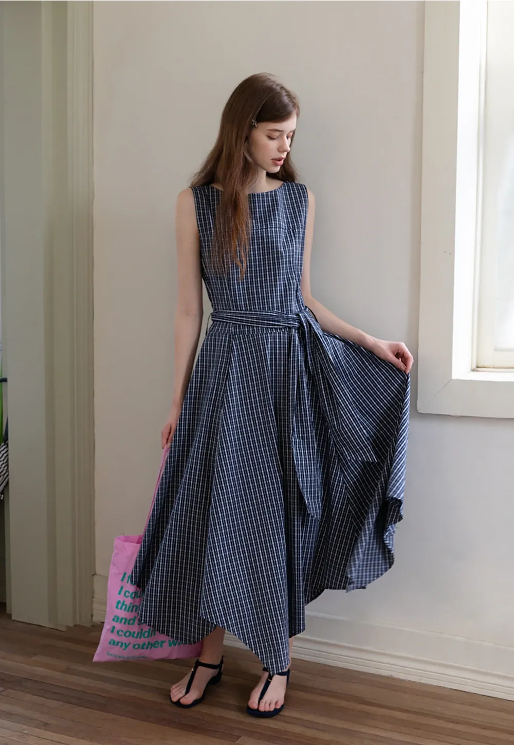 Sleeveless Gingham Belted Dress