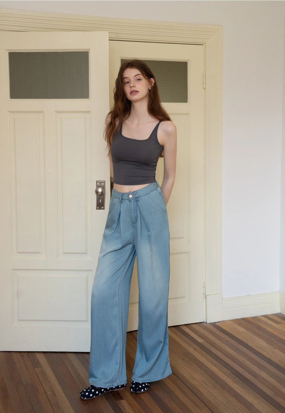 Relaxed Pleated Wide-Leg Denim Trousers