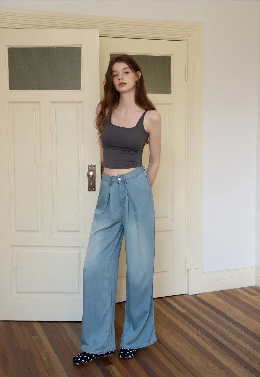Relaxed Pleated Wide-Leg Denim Trousers