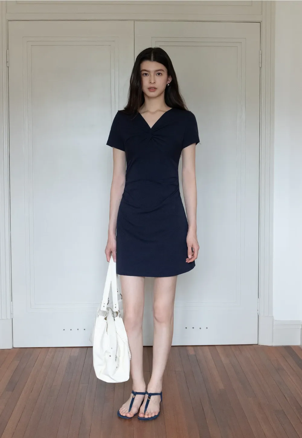 Women's Twist Front Short Sleeve Mini Dress Ruched Slim Fit