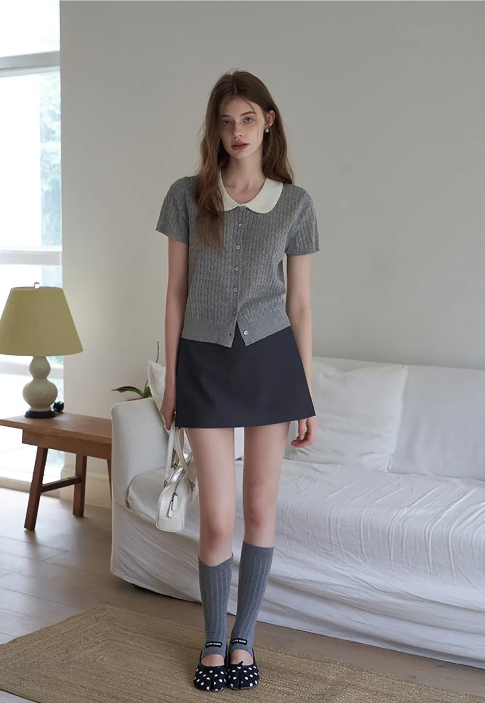 Women's Contrast Peter Pan Collar Cable Knit Cardigan