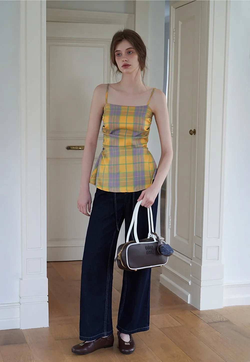 Women's Contrast Plaid Waist-Cinching Cami Top