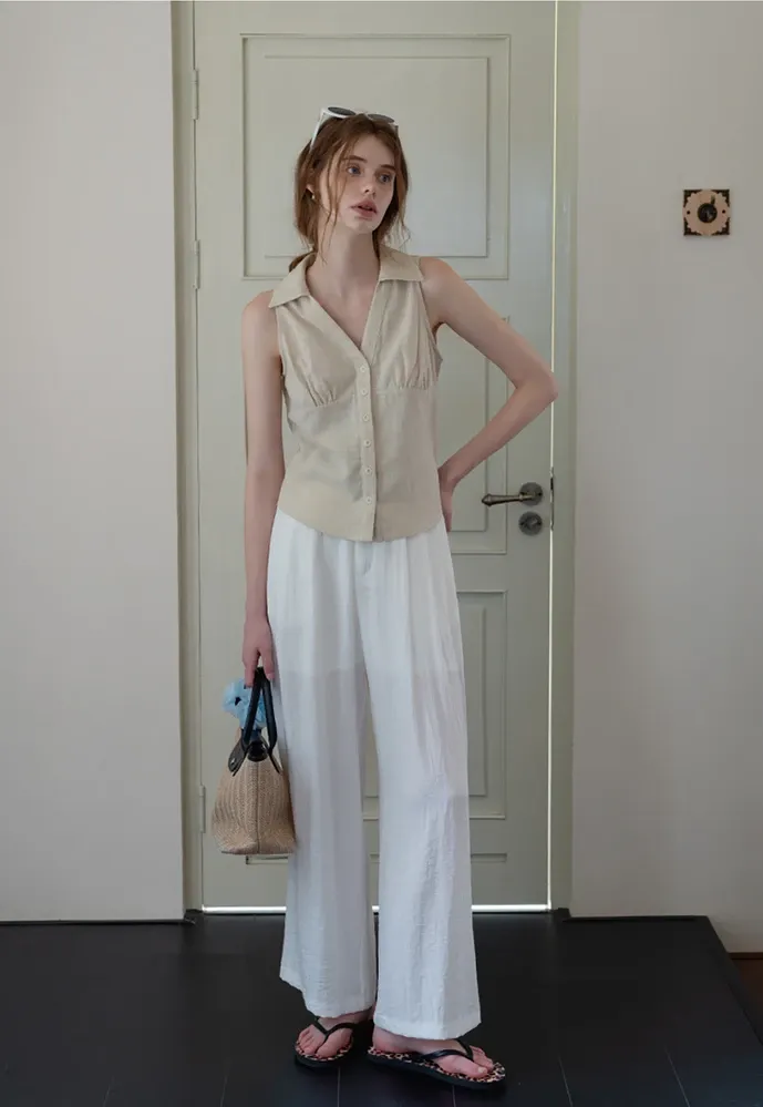Women’s Linen Collared Button-Front Sleeveless Top