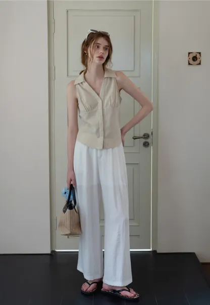 Women’s Linen Collared Button-Front Sleeveless Top