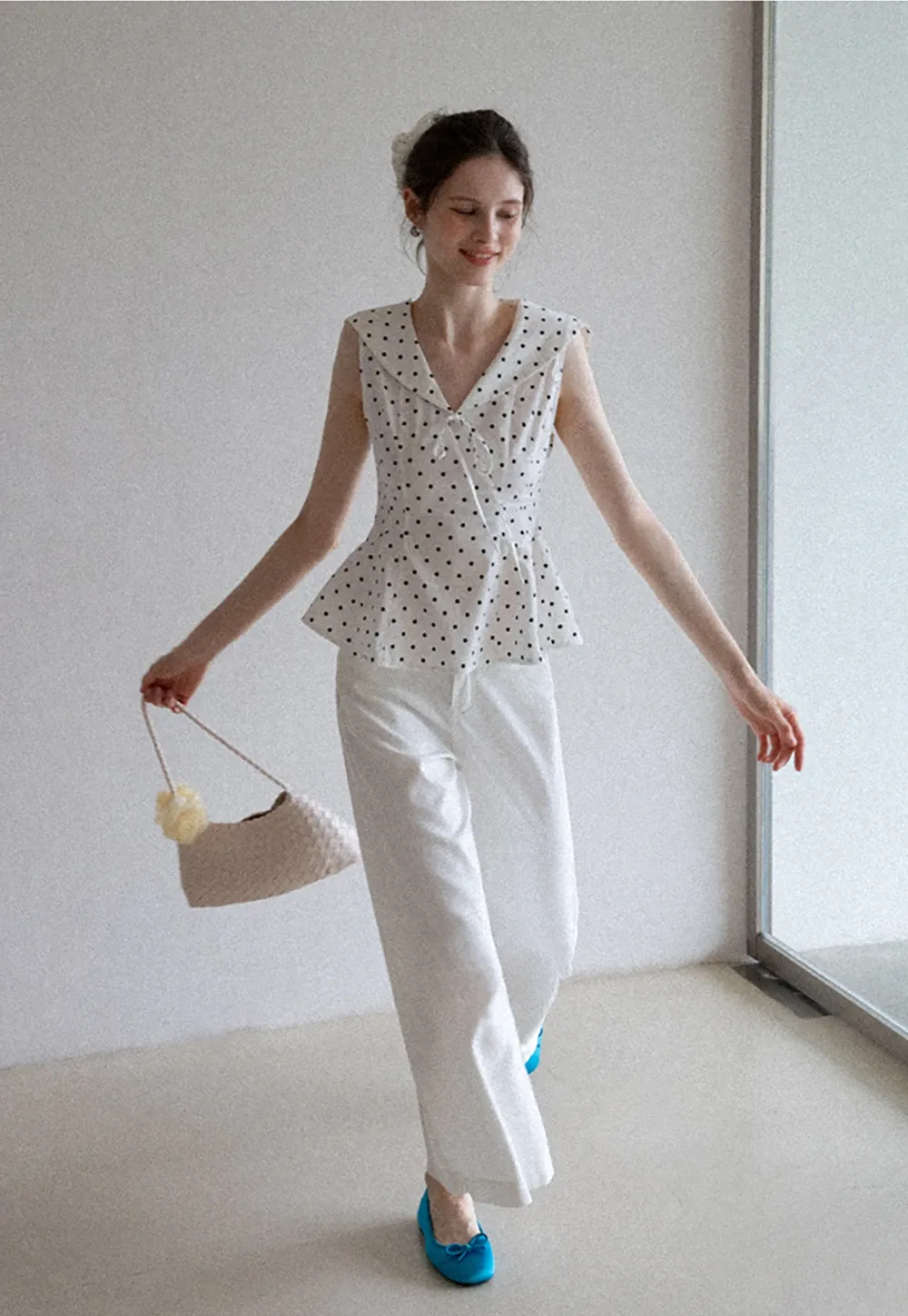 Polka Dot Sailor Collar Blouse
