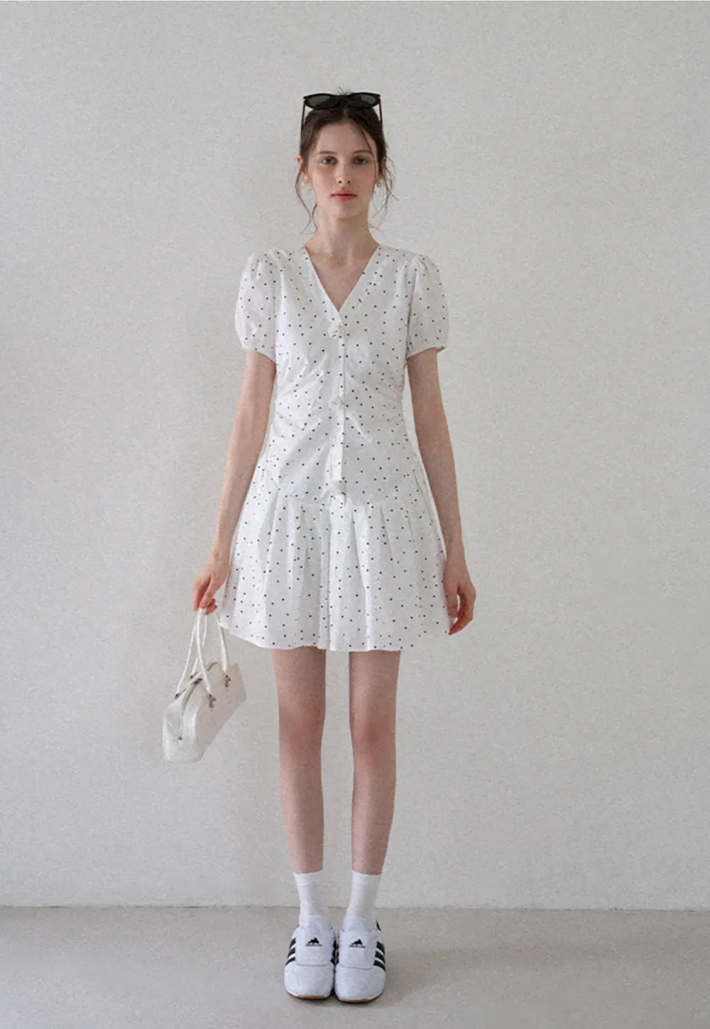 Women’s Polka Dot Ruched Button Mini Dress