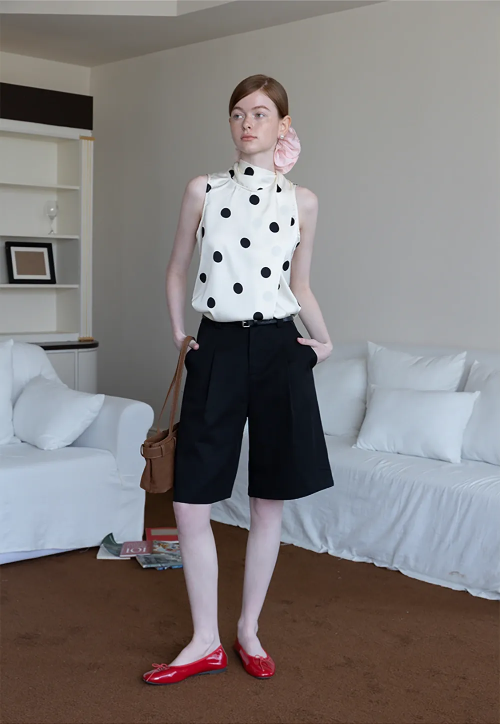 Women's Sleeveless Polka Dot Blouse with Scarf Detail