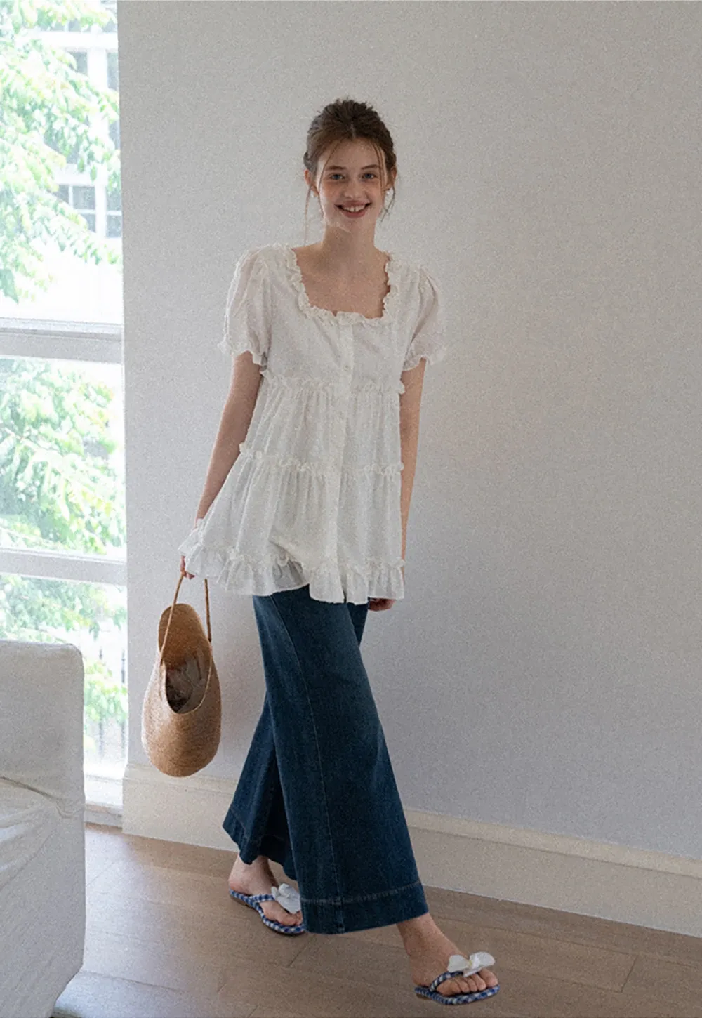 Women’s Square Neck Ruffle Babydoll Blouse