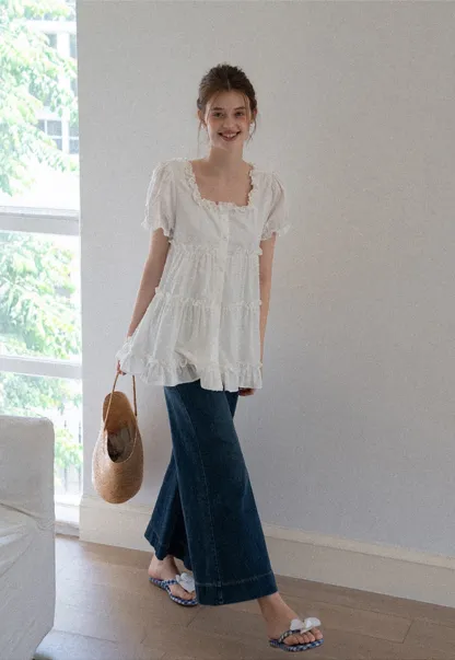 Women’s Square Neck Ruffle Babydoll Blouse