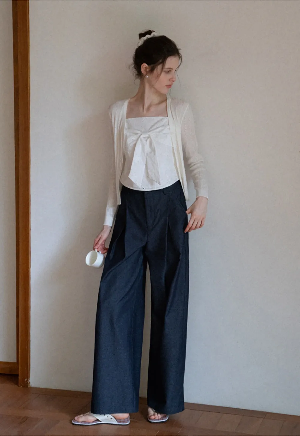 Pointelle Knit V-Neck Cardigan