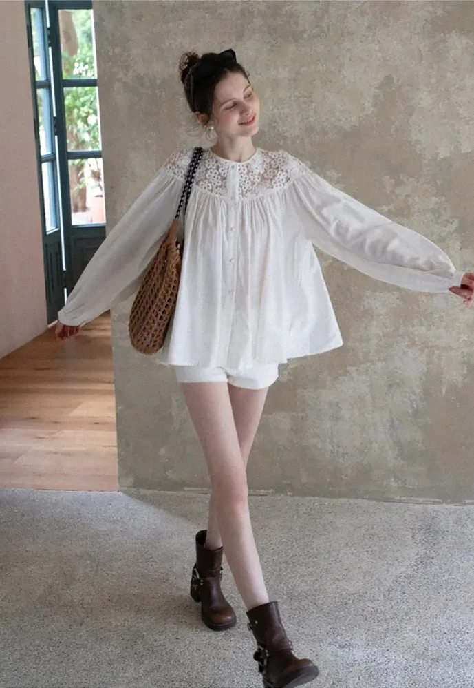 Women Lace Yoke Bishop Sleeve Button Down Blouse