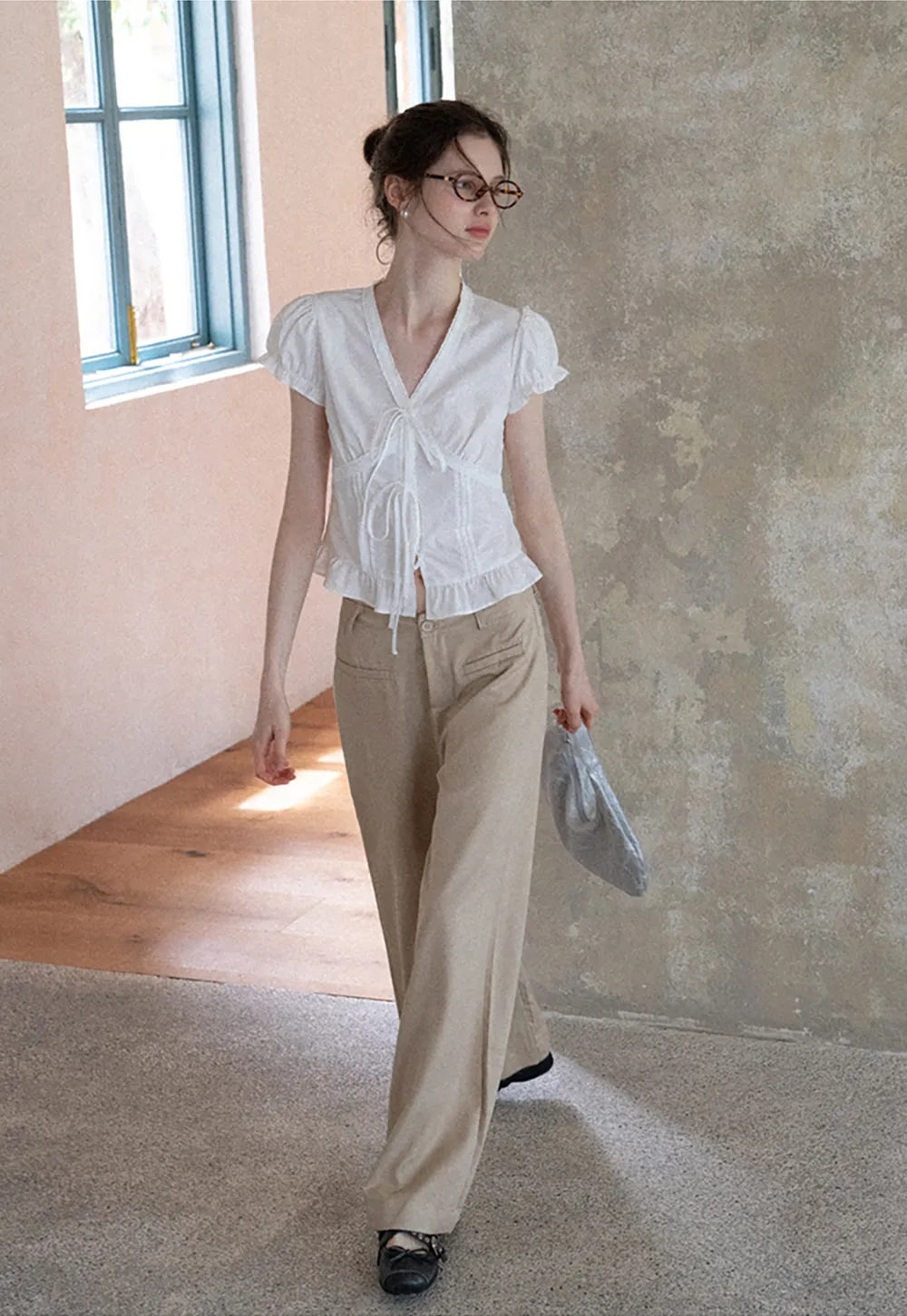 Women's Puff Sleeve Back Tie Blouse with Lace Trim