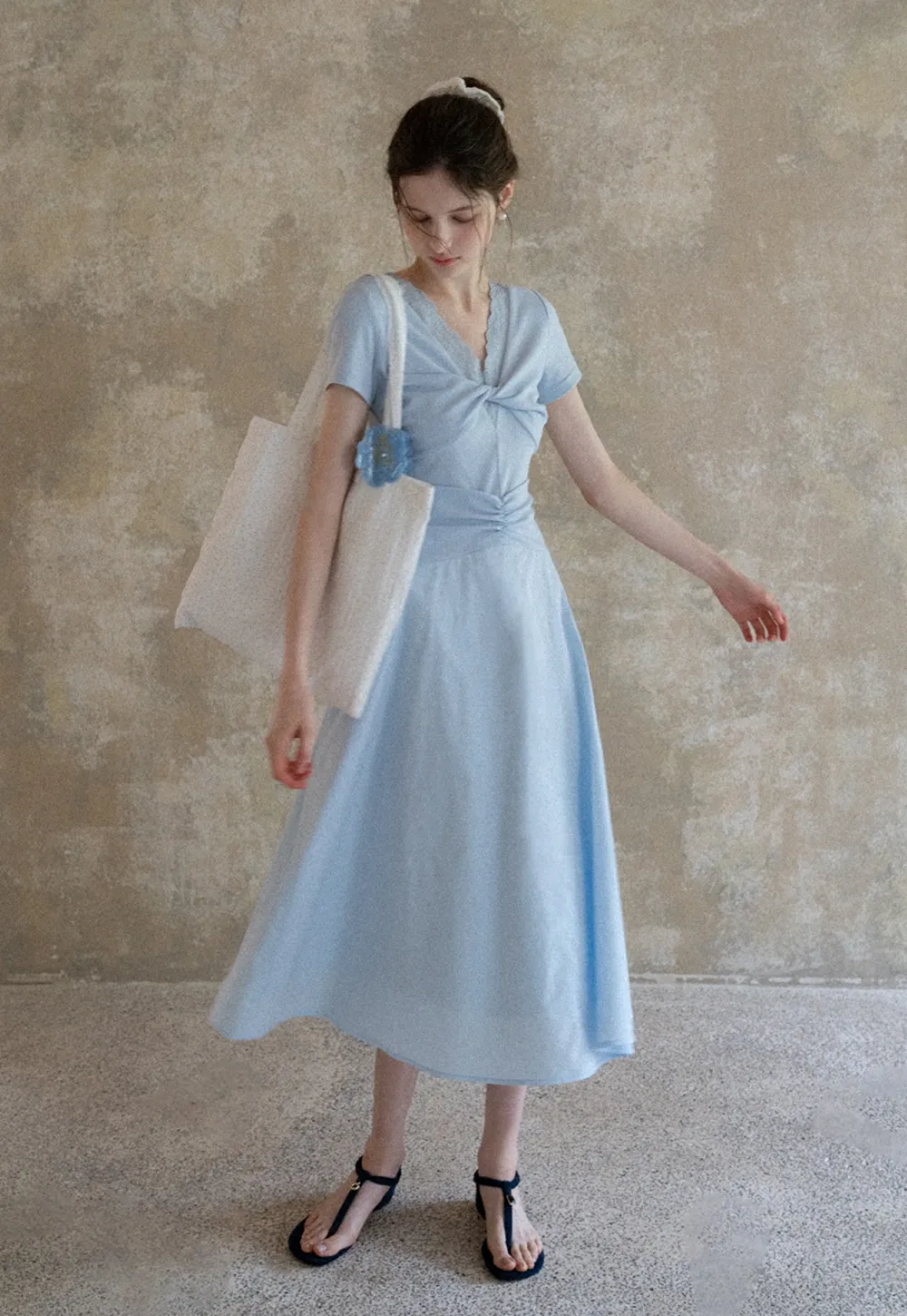 Women's Twist Front Short Sleeve Midi Dress