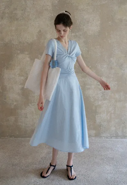 Women's Twist Front Short Sleeve Midi Dress