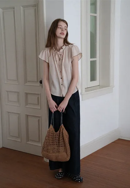 Women Ruffle Tie Neck Flutter Sleeve Button Down Blouse