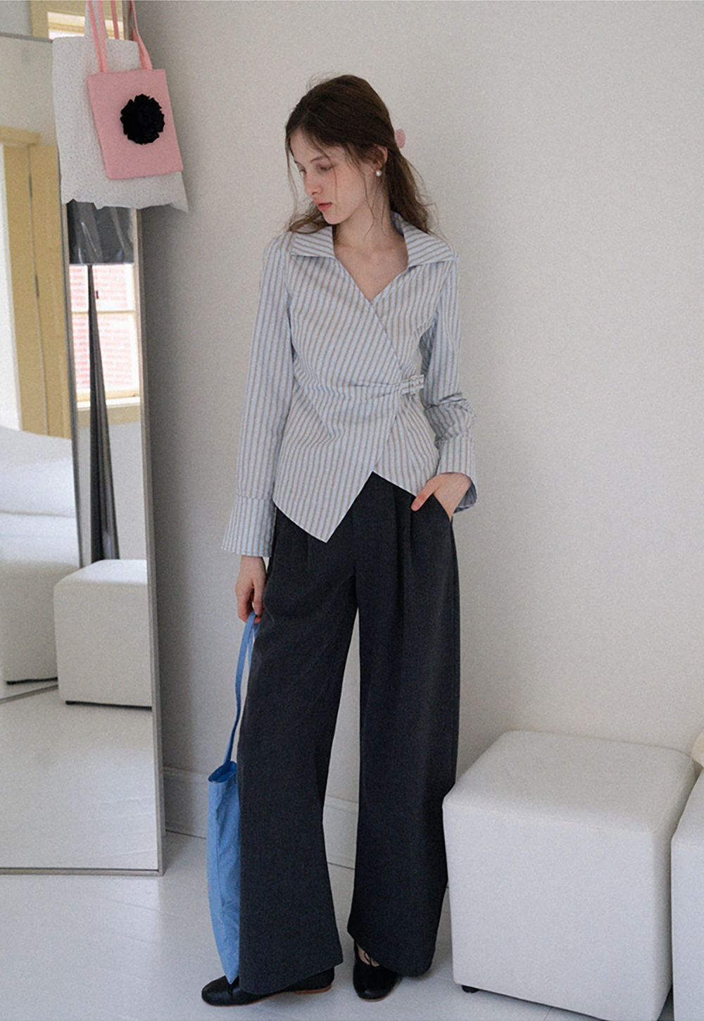 Women's Striped Wrap Shirt with Side Buckle