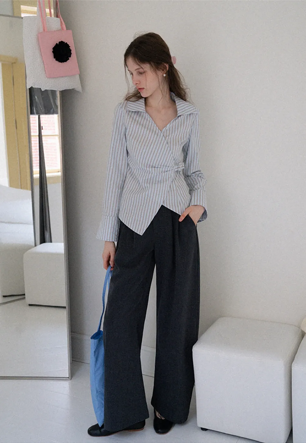 Women's Striped Wrap Shirt with Side Buckle