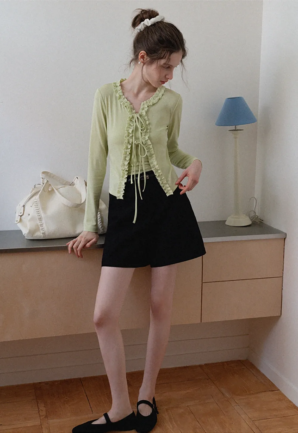 Women's Ruffle Trim Knit Top with Front Tie