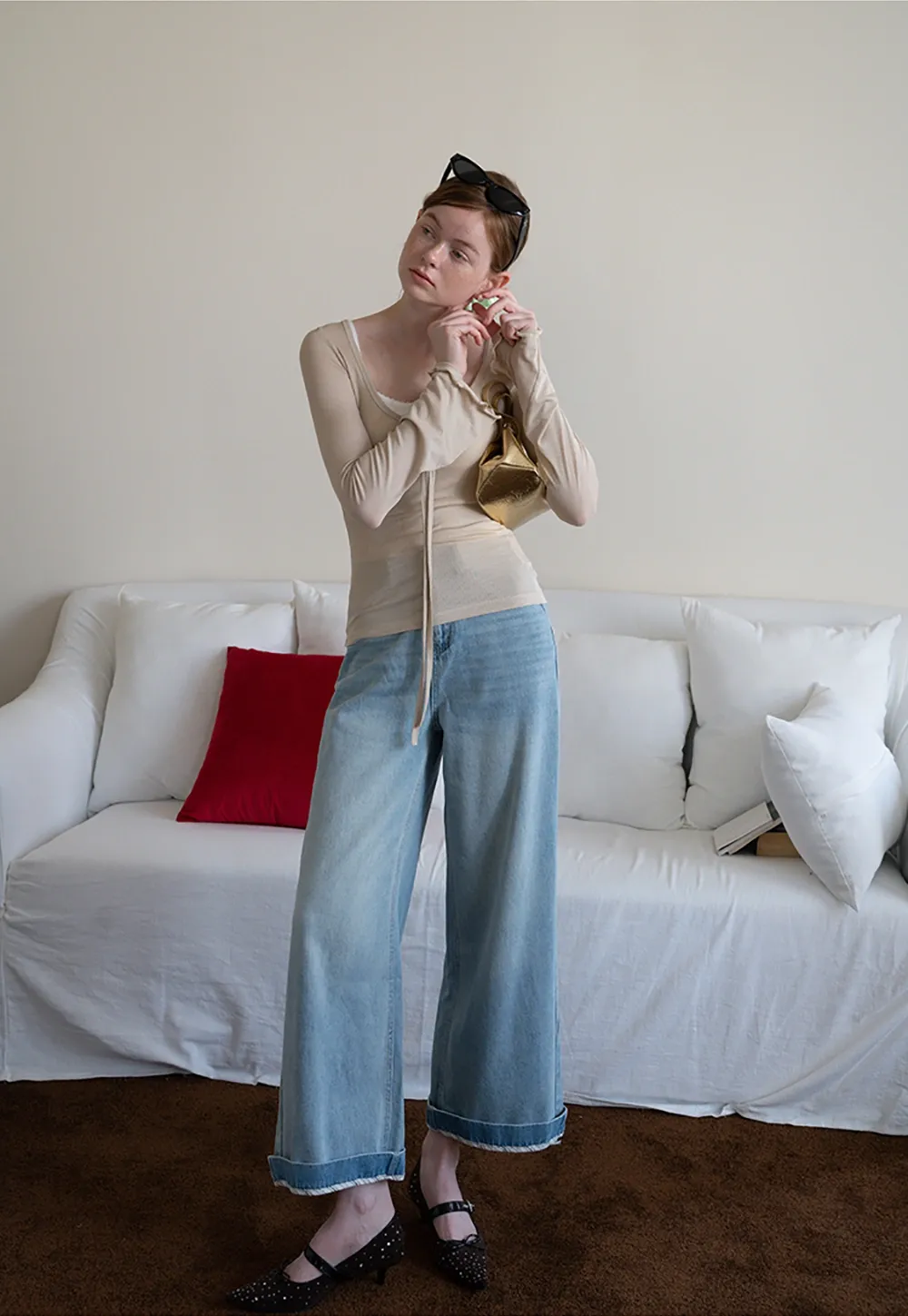 Women's High Waist Wide Leg Cropped Jeans with Belt