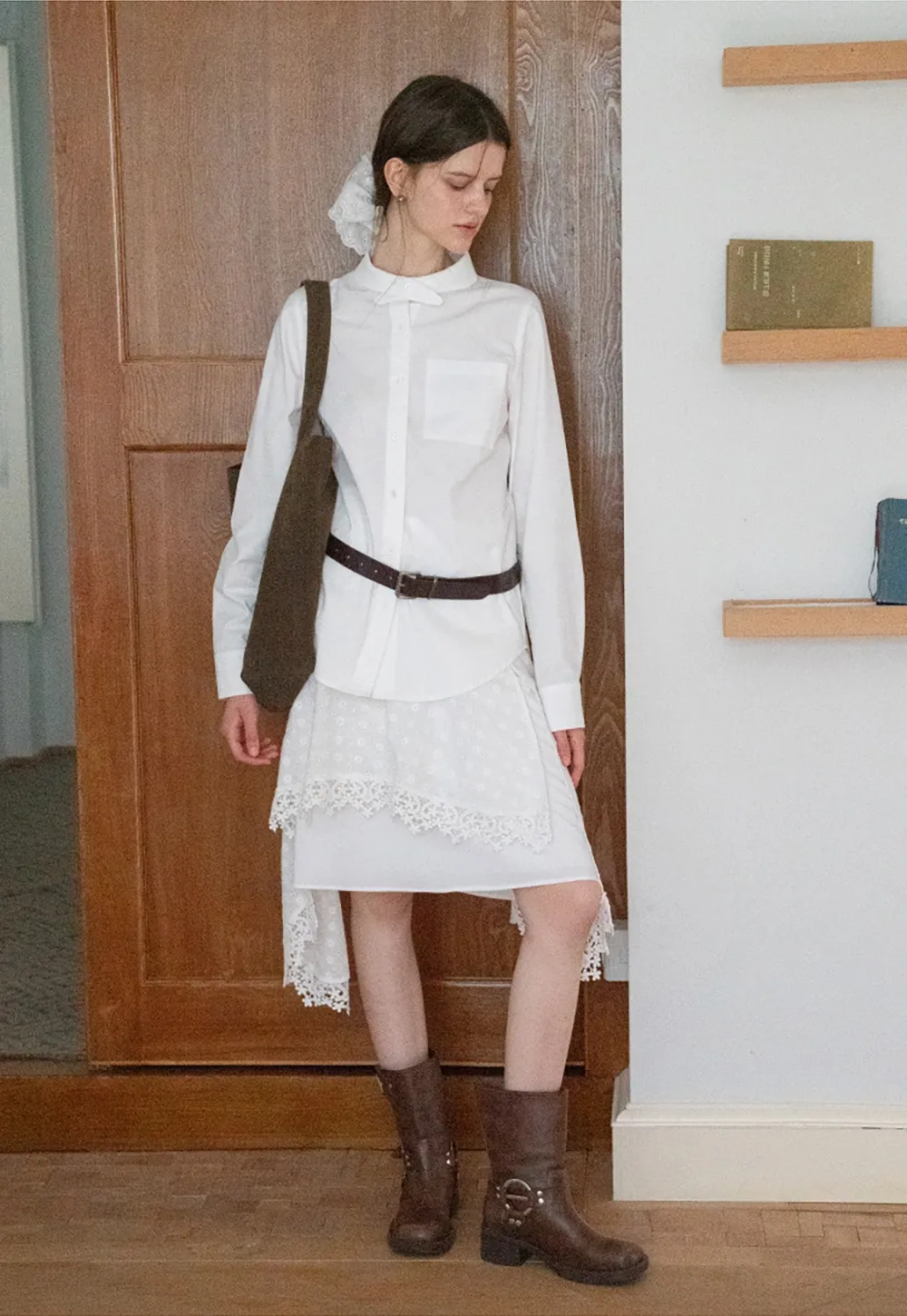 Womens Gingham Bow-Collar Long Sleeve Shirt