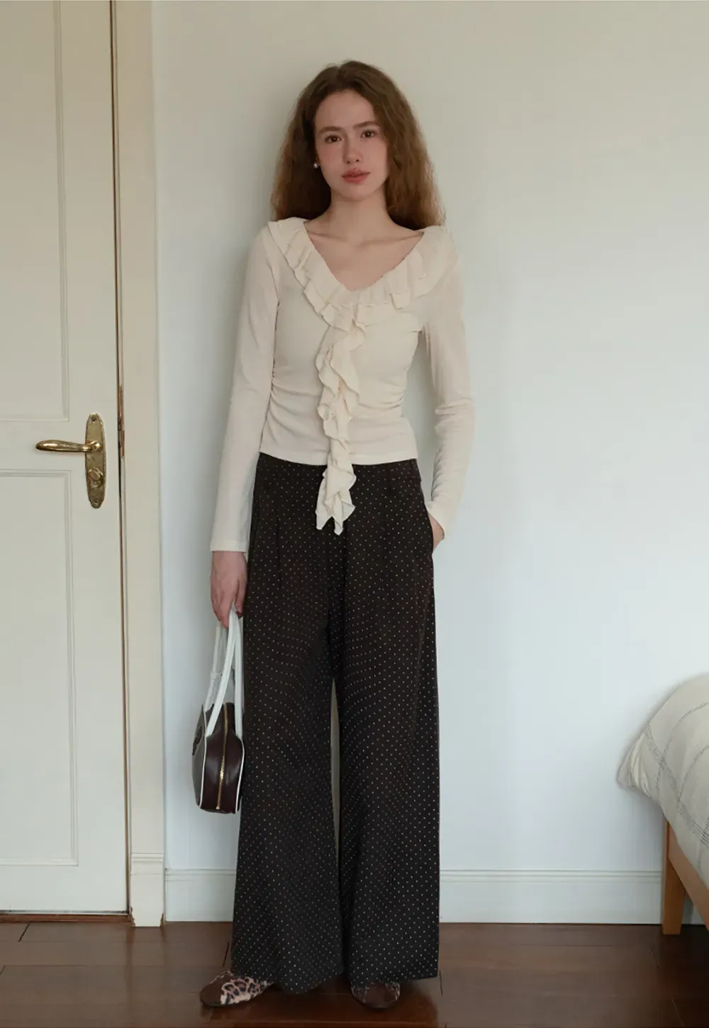 Ruffled V-Neck Long Sleeve Top