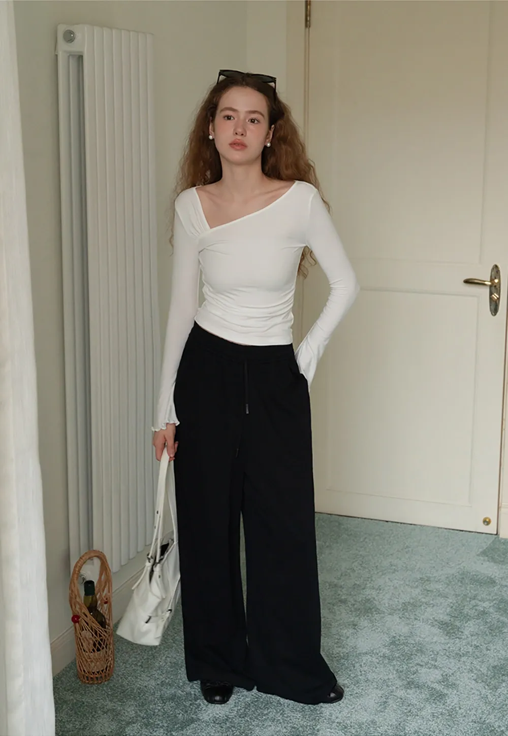 Womens Asymmetrical Neck Slim Fit Long Sleeve Top