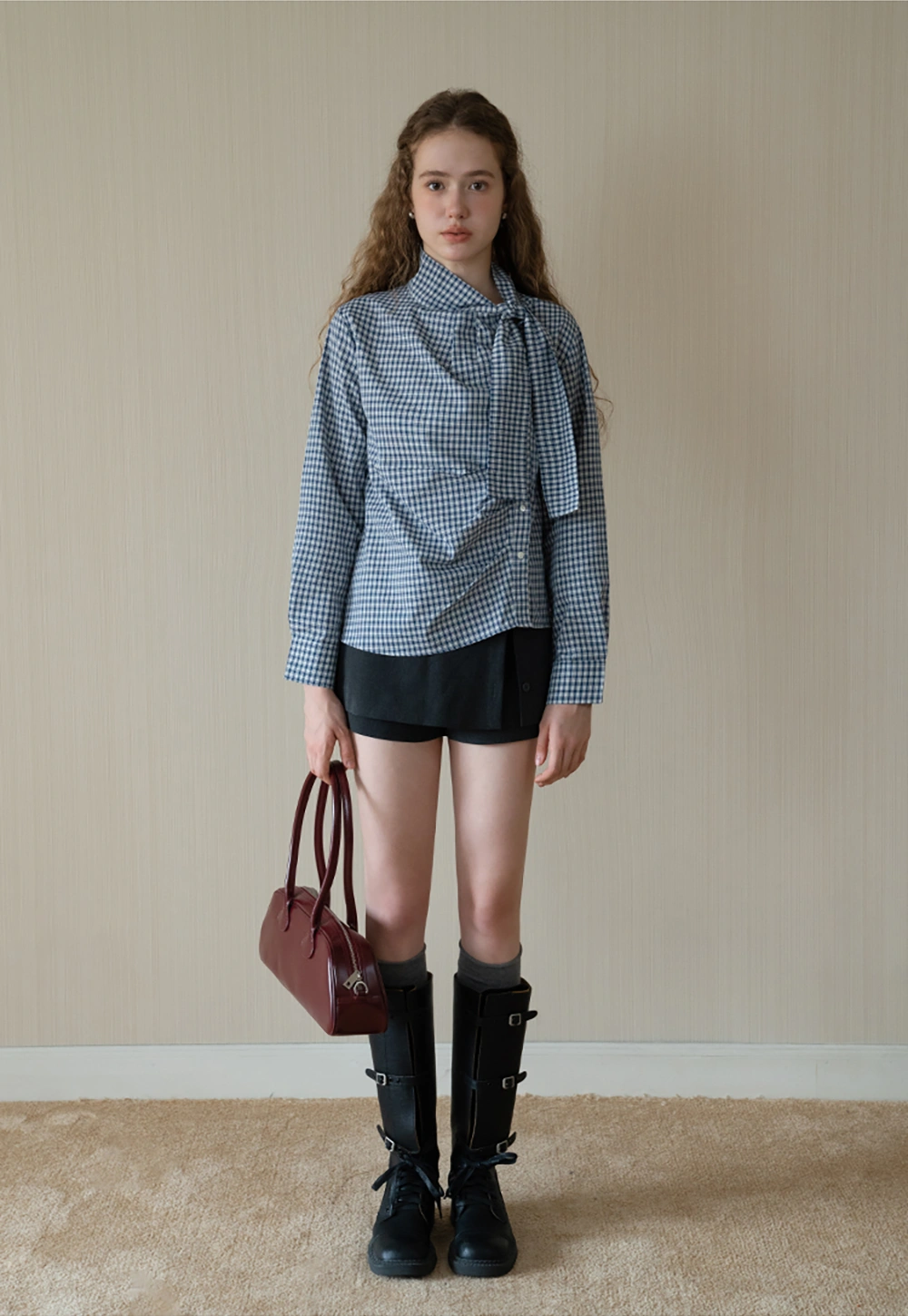 Womens Gingham Bow Tie Blouse Long Sleeve Shirt