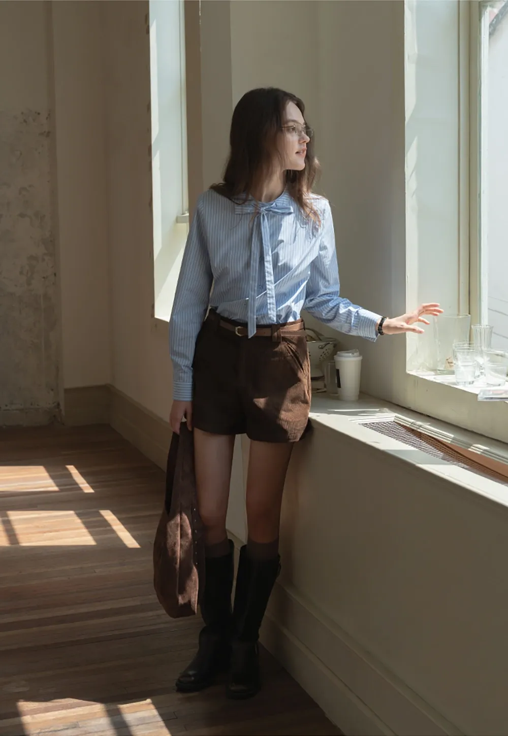 Striped Bow Tie Neck Long Sleeve Blouse