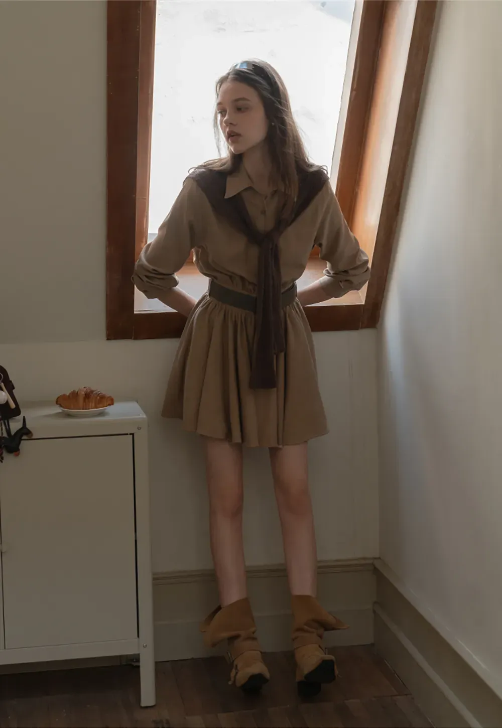 Belted Shirt Dress with Knit Scarf