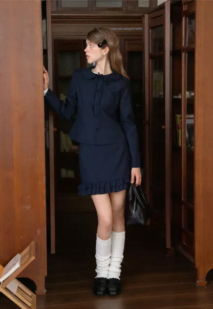 Womens Peter Pan Collar Jacket and Ruffle Hem Skirt Set