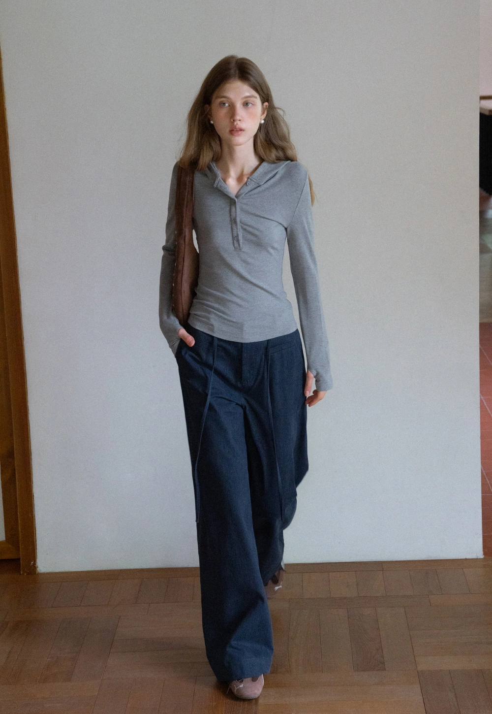 Long Sleeve Hoodie Top with Button Front