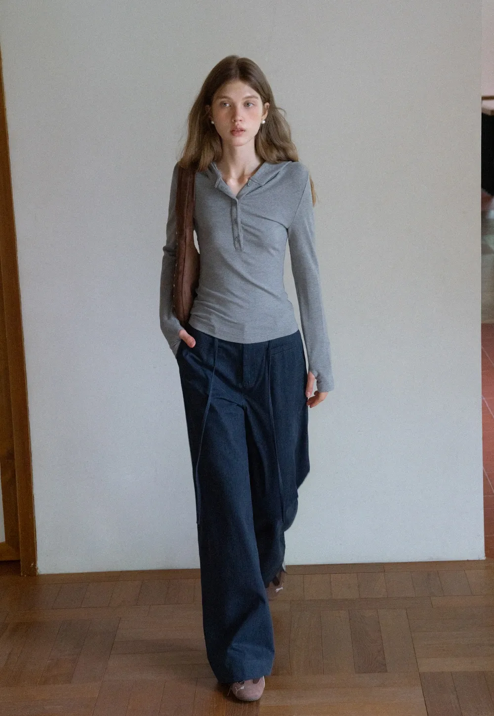 Long Sleeve Hoodie Top with Button Front