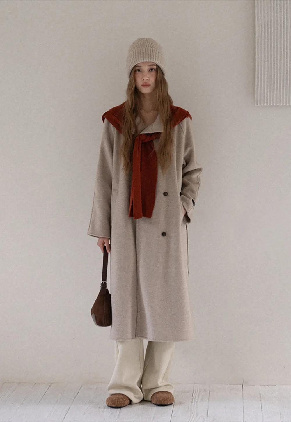 Wool Blend Belted Coat with Scarf Detail