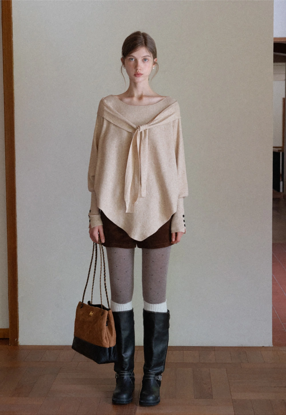 Womens Tie Collar Batwing Knit Sweater