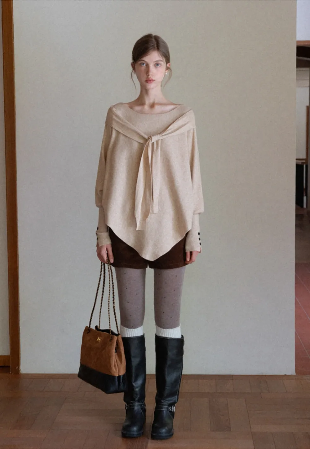 Womens Tie Collar Batwing Knit Sweater