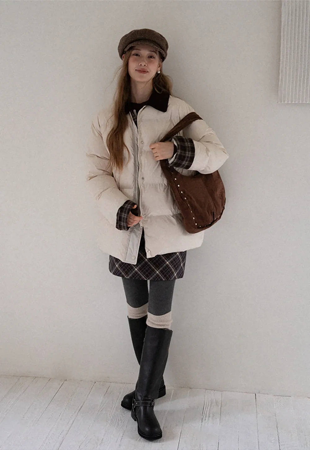 Women Short Cotton Coat with Contrast Collar and Cuffs