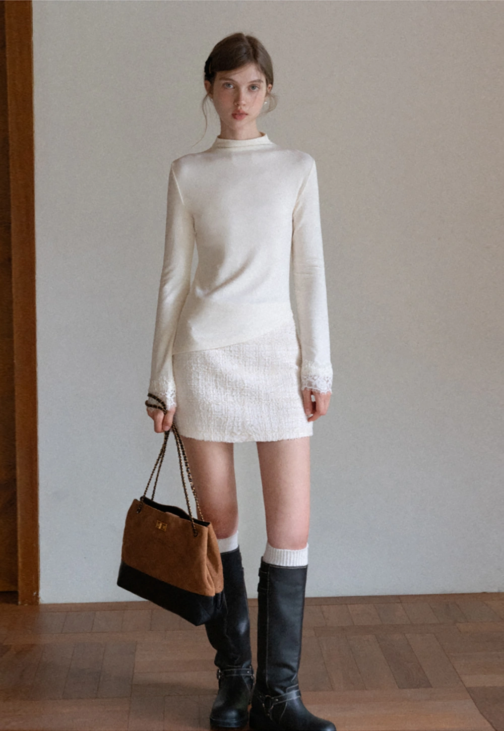 Women Cream White Lace Cuff High Neck Tee