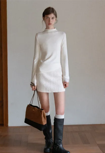 Women Cream White Lace Cuff High Neck Tee