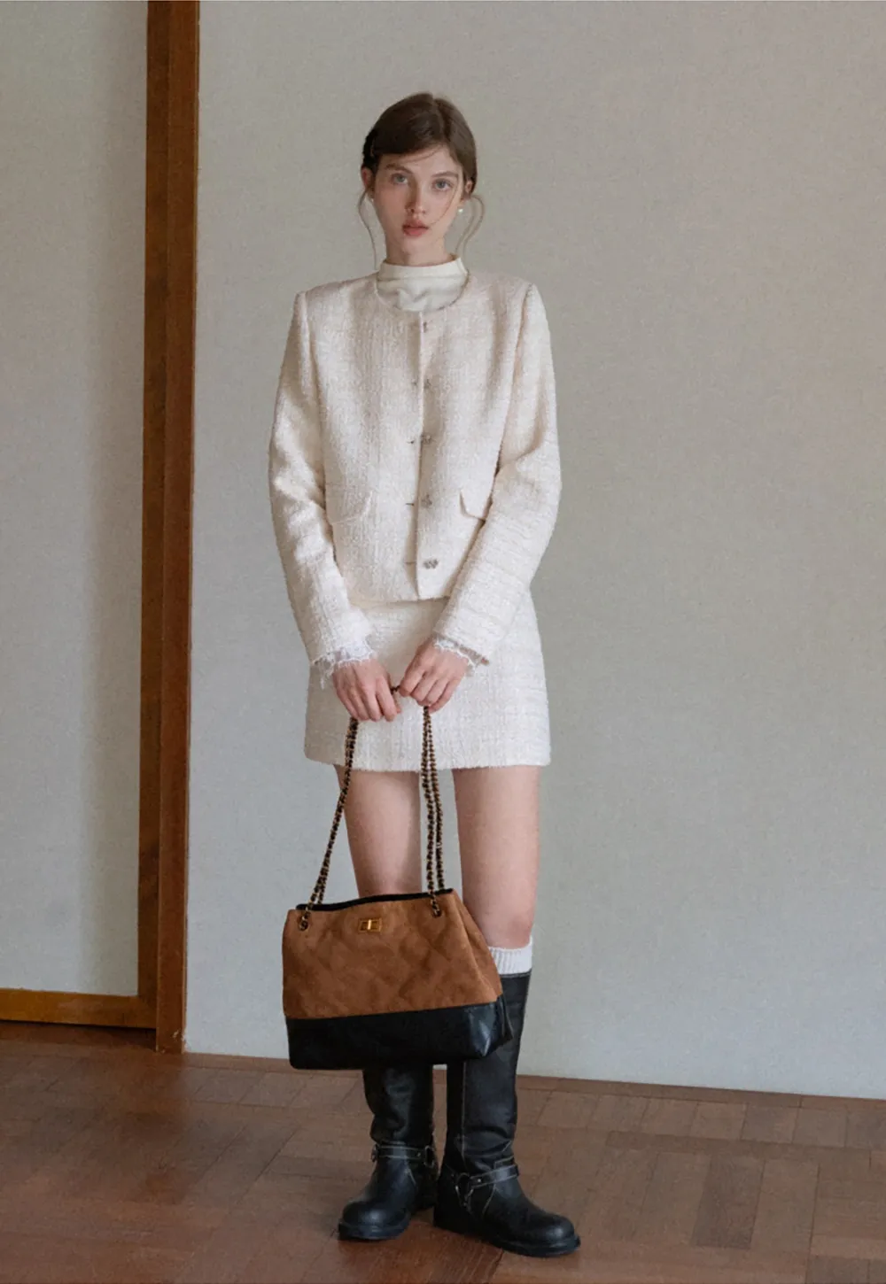 Women Elegant Tweed Skirt Suit Set with Crop Jacket