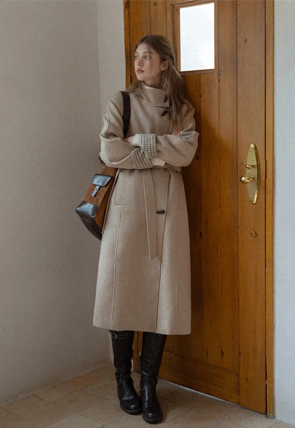 Womens Stand Collar Toggle Wool Coat with Plaid Trim