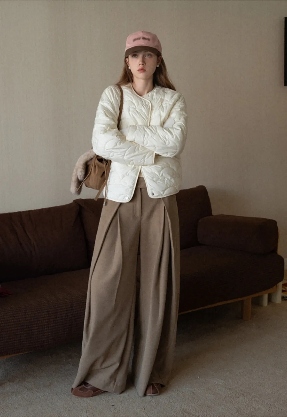 Round Neck Quilted Jacket Women Casual Outerwear