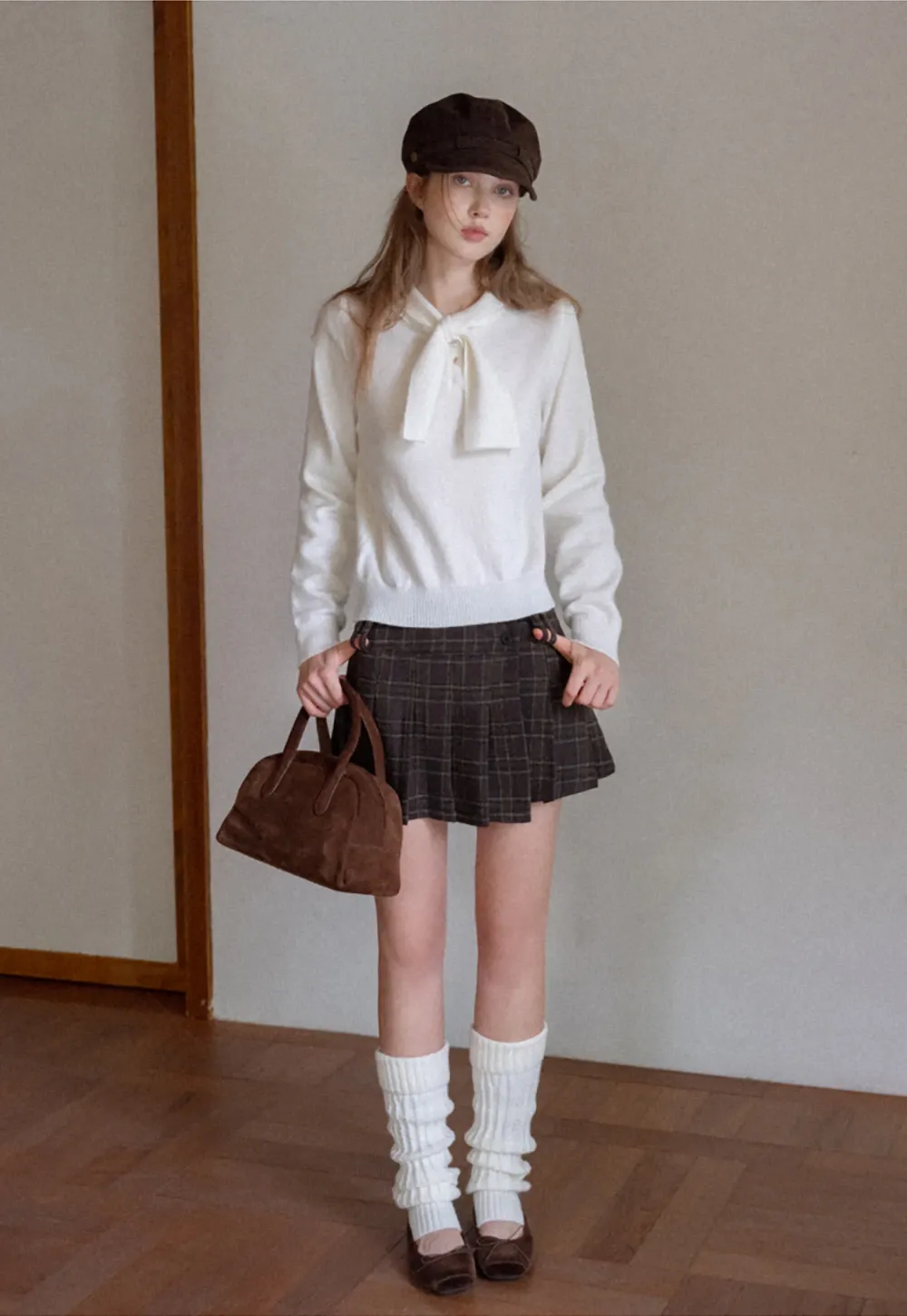 Womens Plaid Pleated Mini Skirt with Button Detail