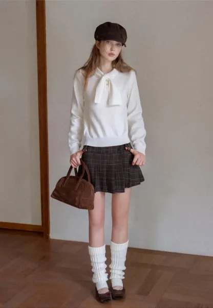 Womens Plaid Pleated Mini Skirt with Button Detail