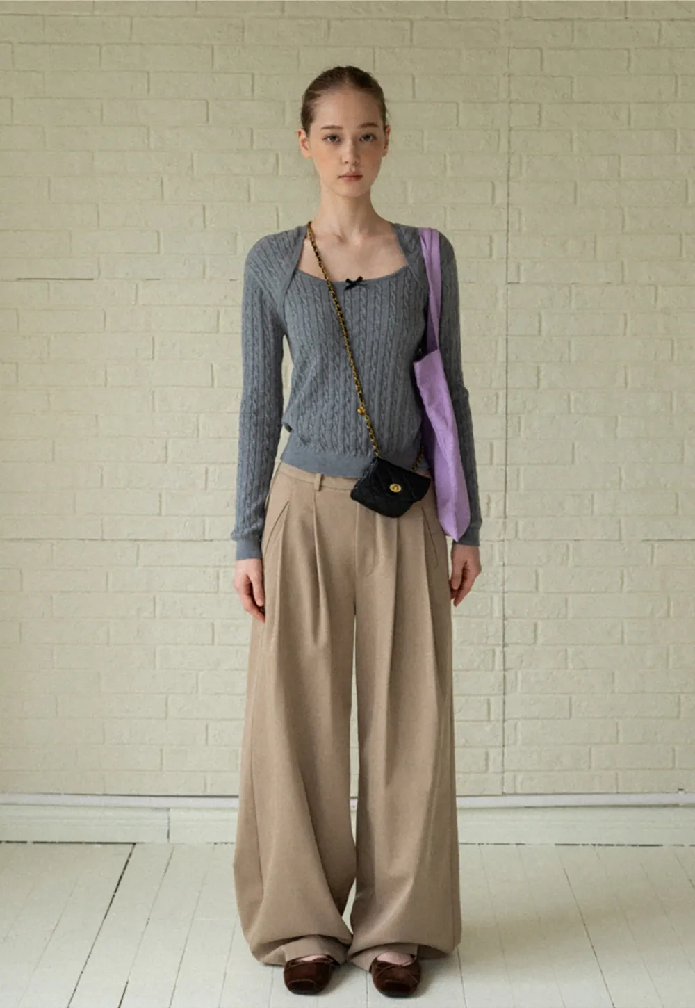 Casual Beige Wide-Leg Pants with Pleat Detail