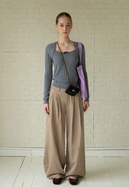 Casual Beige Wide-Leg Pants with Pleat Detail