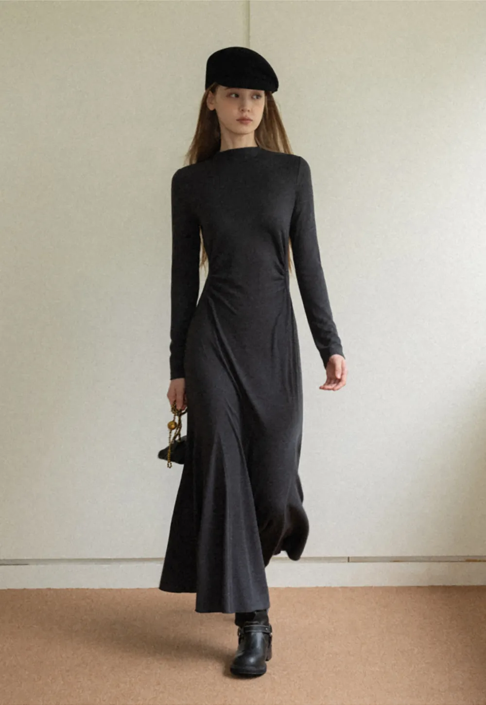 Ruched Waist Long Sleeve Midi Dress