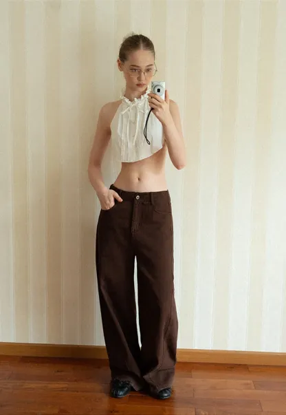 Women White Ruffle Collar Button-Down Crop Top