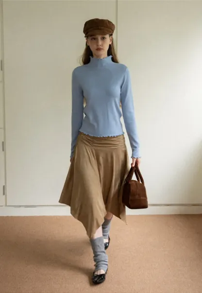 Ruched Waist Asymmetric Midi Skirt