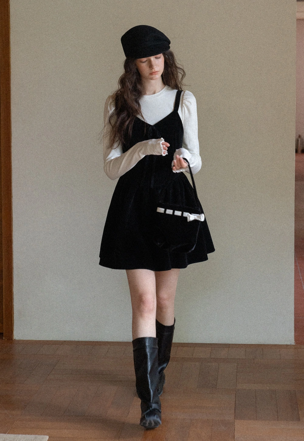 Women Black Velvet Pinafore Dress with Tie Front and Adjustable Straps