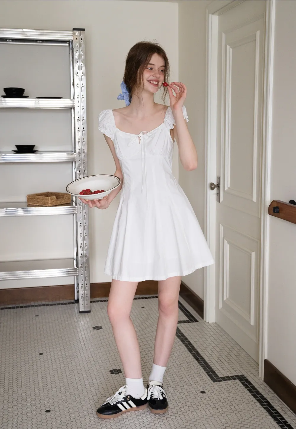 Off-Shoulder Puff Sleeve Dress with Tie